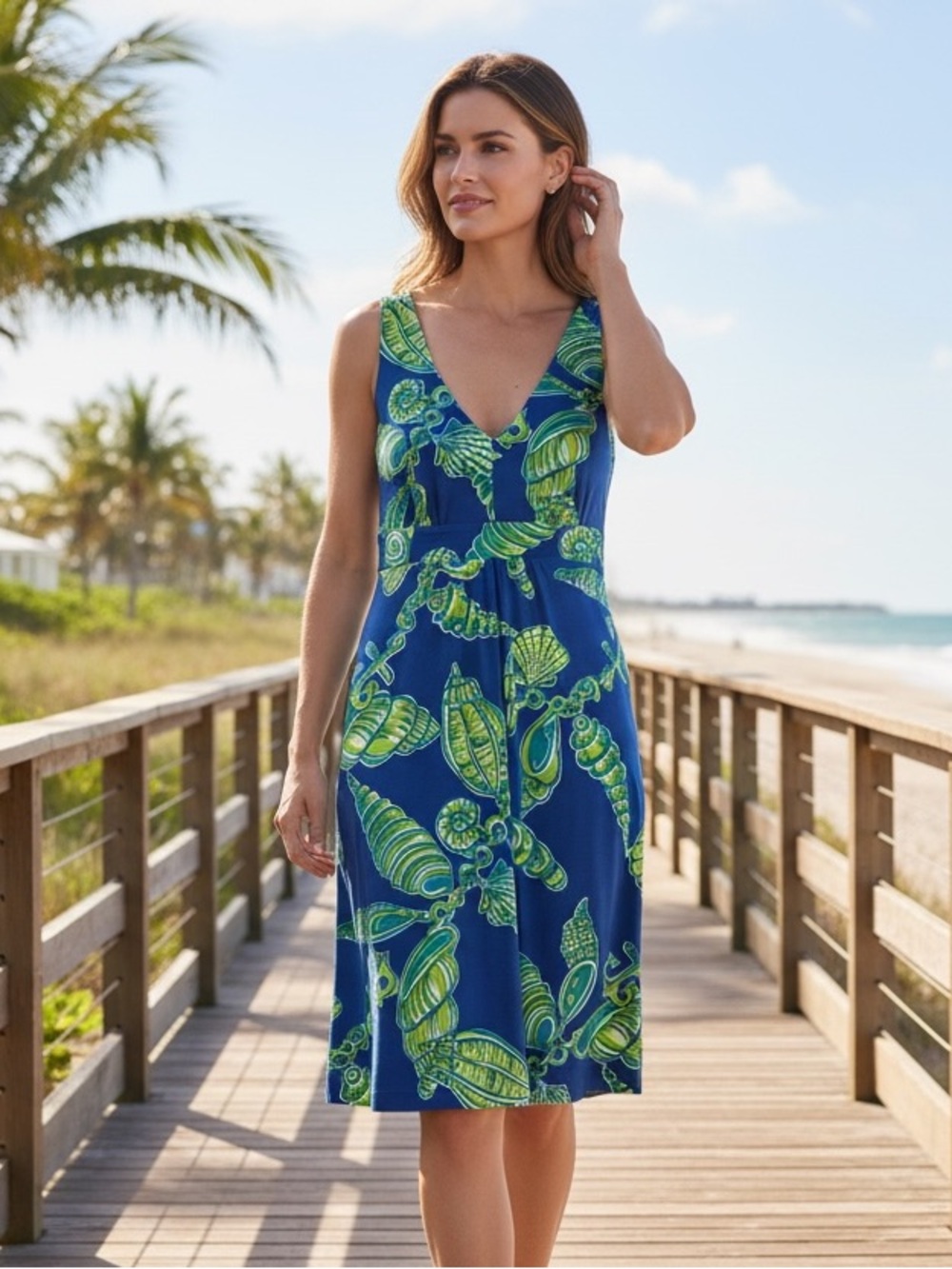 Lilly Pulitzer Blue Green Seashell Print Silk Shift Dress XS Preppy Resort